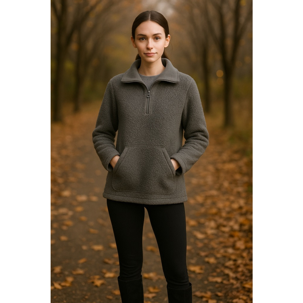 Lands’ End Gray Sherpa Fleece Quarter Zip Pullover Jacket Women’s Size Small (6–